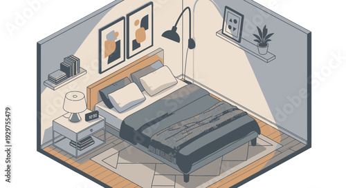 Isometric illustration of a modern minimalist bedroom interior with bed and furniture.