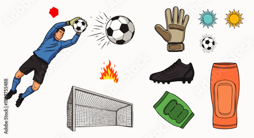 Essential soccer and football vector elements: Goalkeeper save, goal, ball, gloves, cleats, and shin guards. Ideal for sports design projects.