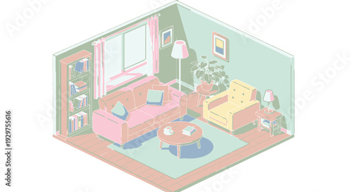 Isometric illustration of a cozy living room interior with furniture and decor.
