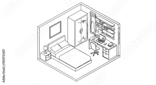 Isometric View of a Modern Bedroom with Workspace and Wardrobe.