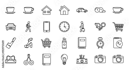 Collection of Simple Line Icons Representing Daily Life and Objects.