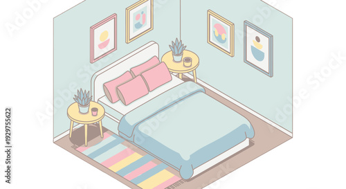 Isometric illustration of a serene bedroom with pastel colors and minimalist decor.