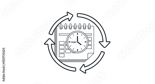 Simple line art illustration of a calendar and clock in a circular arrow cycle.