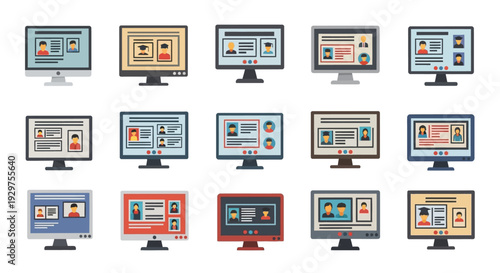 Collection of computer monitors displaying various digital forms and online profiles.