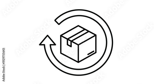 Simple black and white vector graphic illustration of a return parcel delivery box with a circular arrow.