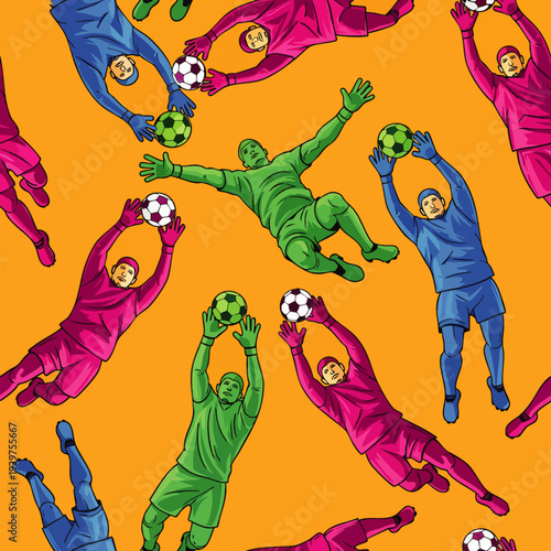 Seamless pattern of cartoon soccer goalkeepers diving and catching balls on orange background