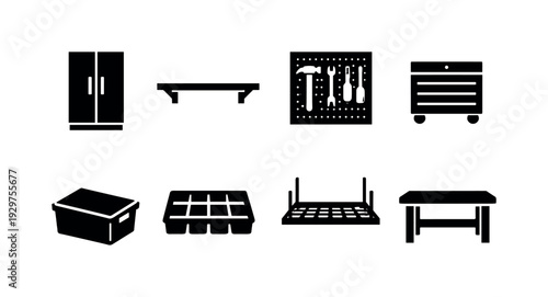 Home garage organization: storage cabinet, wall shelf, pegboard, tool chest, plastic bin, parts tray, ceiling rack, workbench