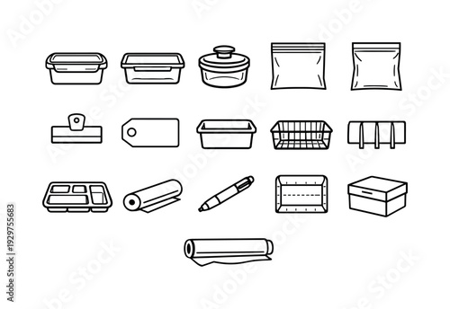 Home freezer meal container set: linear style freezer container, glass container, vacuum container, freezer bag, vacuum bag, clip seal, label tag, storage bin,