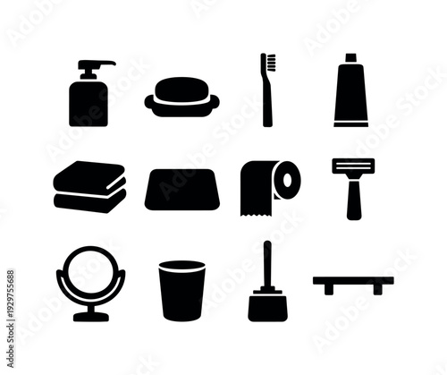 Home bathroom accessories: soap dispenser, soap bar, toothbrush, toothpaste tube, towel, bath mat, toilet paper roll, razor, mirror, cup, toilet brush, shelf