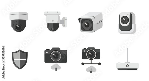 Collection of security cameras and related technology icons for surveillance and protection.