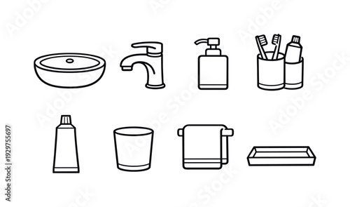 Home bathroom sink essentials: linear style sink basin, faucet, soap dispenser, toothbrush holder, toothpaste tube, rinse cup, hand towel, vanity tray