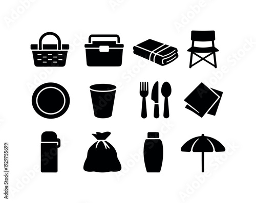 Outdoor leisure picnic gear: picnic basket, cooler box, blanket, folding chair, paper plate, cup, cutlery set, napkin, thermos, trash bag, sunscreen bottle, sun