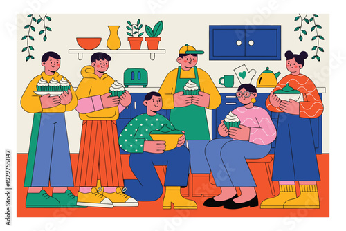 Happy family preparing and enjoying homemade desserts together in a cozy kitchen