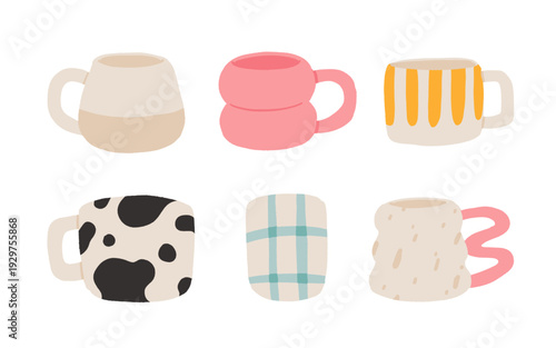 Trendy Ceramic Mug Set. Handmade Pottery Style Cups with Cow Print, Plaid, Stripe, Textured Patterns. Cozy Drink Collection Hand Drawn Vector