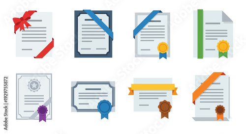 Collection of various certificate and diploma designs with ribbons and seals.