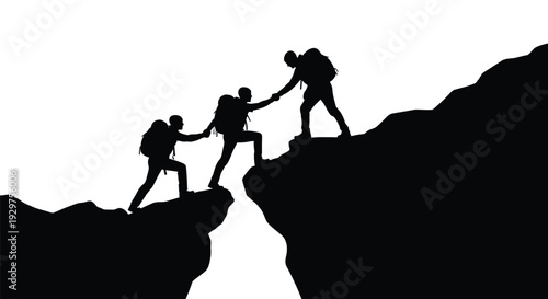 Team of hikers helping each other climb a mountain illustration, showcasing teamwork and support in overcoming challenges.