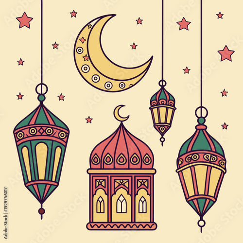 vector illustration of an abstract background with a ornate islamic arch doodle illustrations for ramadan and eid greeting backgrounds