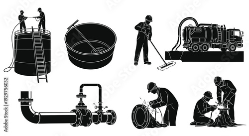 Collection of black and white vector illustrations depicting industrial maintenance and construction worker activities.