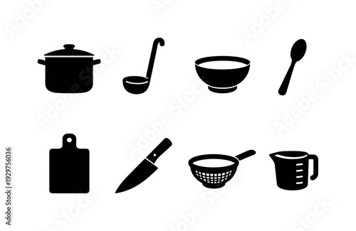 Kitchen soup preparation tools: stockpot, ladle, soup bowl, serving spoon, strainer, cutting board, chef knife, measuring cup