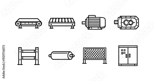 Warehouse conveyor line components: linear style belt conveyor, roller conveyor, drive motor, gearbox, idler roller, support frame, safety guard, control