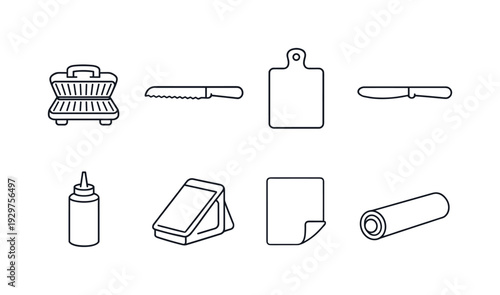 Kitchen sandwich tools: sandwich press, bread knife, cutting board, butter knife, condiment bottle, sandwich box, parchment sheet, food wrap roll. . Thin