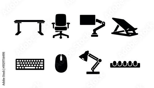 Office ergonomic workstation setup: adjustable desk, office chair, monitor arm, laptop stand, external keyboard, wireless mouse, desk lamp, cable organizer