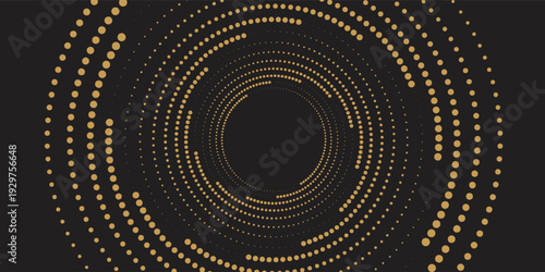 Swirl pattern with dots. Half ton circle on black background. Abstract background with dotted circles. Vector illustration.