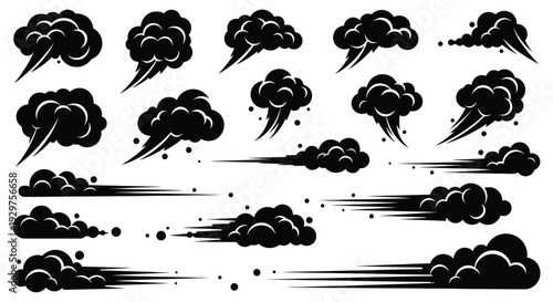Collection of black vector graphic illustrations representing speed dust smoke and motion trails