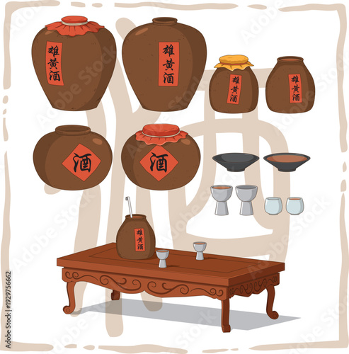 
Vintage Chinese wine jar filled with Realgar wine, a traditional rice wine infused with arsenic sulfide. Known for its bright orange color and unique flavor.