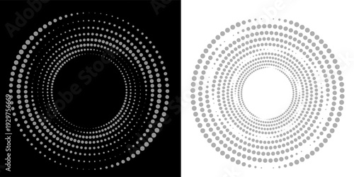 Modern abstract background. Halftone dots in circle form. Spiral logo, icon or design element. Black dots on a white background and white dots on the black side.