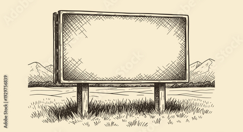 A classic hand-drawn vintage billboard stands prominently in a rustic landscape, offering ample blank space for custom advertising or important messages.