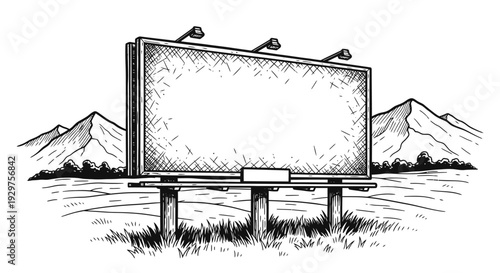 A classic hand-drawn sketch depicts a large, empty outdoor advertising billboard standing prominently in a scenic natural landscape with distant mountains under a clear sky.