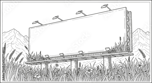 A blank outdoor billboard, rendered in a classic hand-drawn style, stands in tall grass with wildflowers and mountains, perfect for custom advertising.