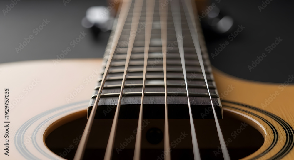 Obraz premium Detailed acoustic guitar close-up showing fretboard, strings, and wood texture, highlighting craftsmanship and musical instrument precision. 