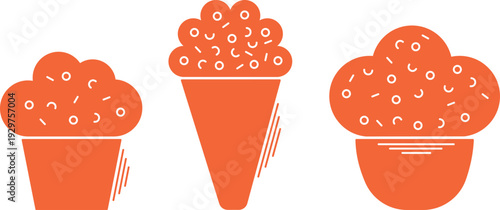 Ice cream in waffle cones with milk cream, candy balls, powdered sugar and chocolate crumbs. Sweet and cold ice cream, simple vector icons. Sweet food