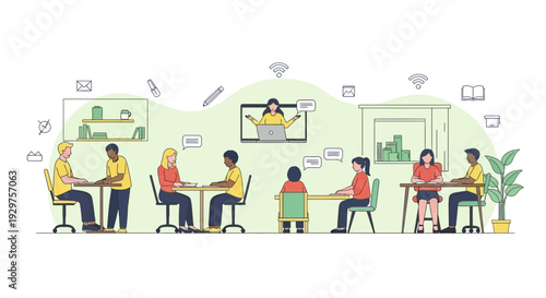 Diverse group of professionals collaborating in a modern coworking space with online meeting