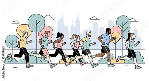 Diverse group of joggers running in a city park fitness and healthy lifestyle