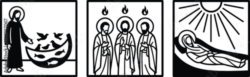 Christian stained glass vector illustration, Jesus miracle scene, Pentecost apostles with flames, resurrection halo figure, religious artwork, decorative church design