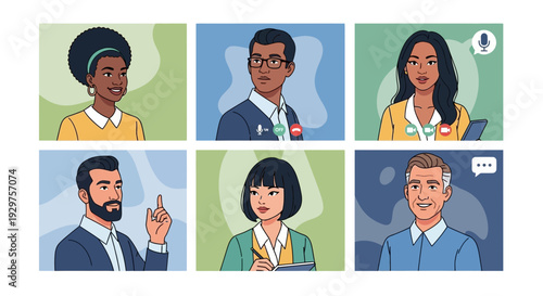 Diverse online meeting participants in a virtual conference call with digital interface design