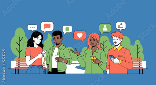 Diverse young adults using smartphones with social media bubbles in the park illustration