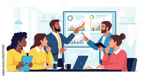 Dynamic business presentation: diverse team collaboration on financial growth strategy