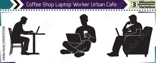 Urban Coffee Shop Freelance Laptop Worker Silhouette Concept Variation Set Graphic