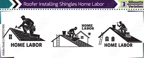 Roofer Installing Roof Shingles Home Labor Silhouette Concept Variation Set Vector