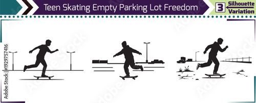Teenage Skateboarder Silhouette Empty Parking Lot Urban Freedom Concept Vector Set