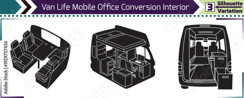 Camper Vanlife Mobile Workspace Interior Conversion Silhouette Concept Variation Set