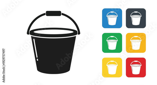 A black utility bucket icon is displayed with colorful options.