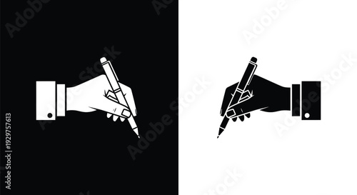 A hand holding a writing pen indicates signing a document.