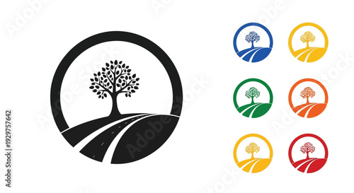 Tree logo design with a curved road on a white background.