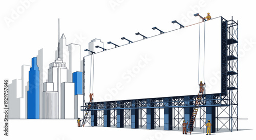Construction workers diligently assemble a large, blank urban billboard, poised to display new advertisements and messages within a modern city skyline.