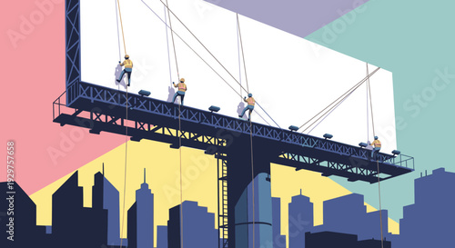 Skilled workers on ropes meticulously clean a massive blank billboard towering over a vibrant city skyline, offering prime advertising space.